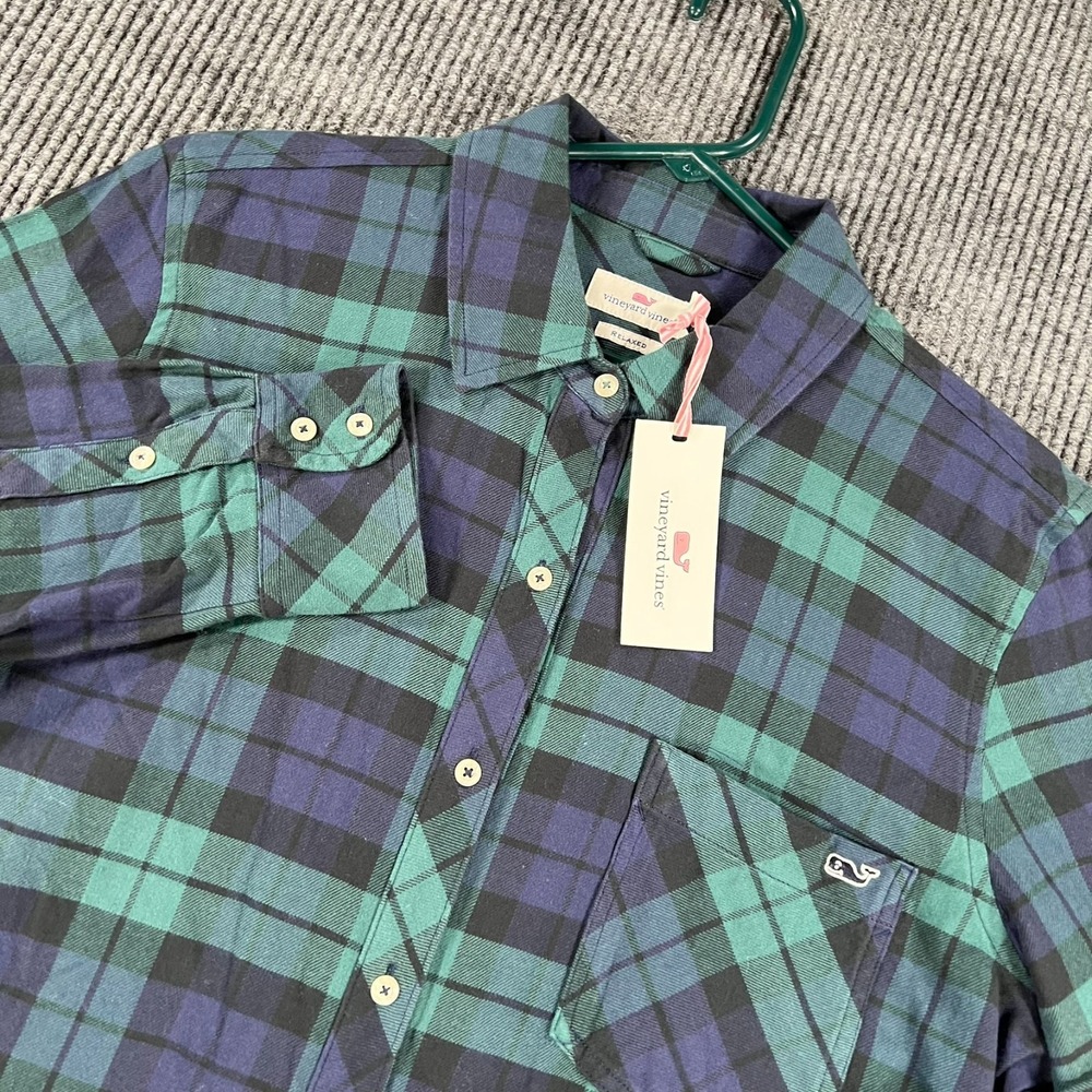 Vineyard Vines Shirt Womens Size 12 Green Blue Plaid Long Sleeve Button Up New